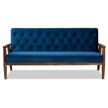 Baxton Studio Sorrento Blue Velvet Upholstered Walnut Finished Wooden 3-seater Sofa 160-9940